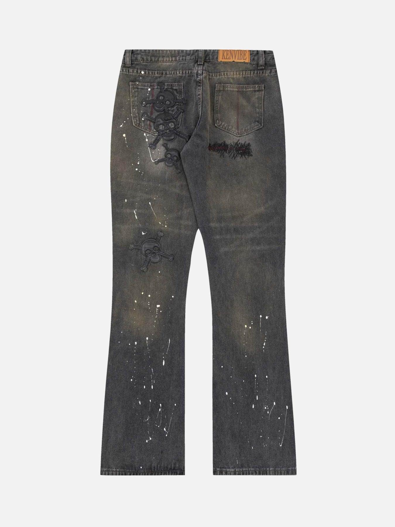 Tntwear® - Leather Skull Splash Ink Micro-flared Jeans - tntwear1