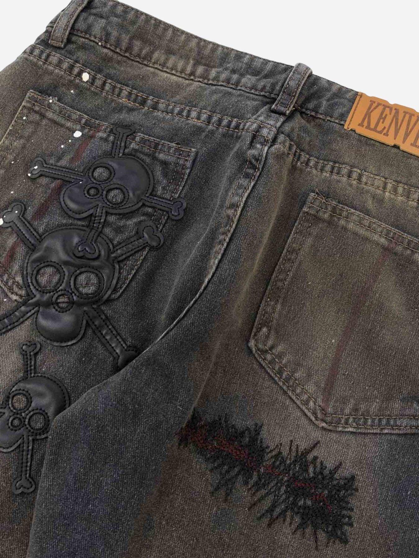 Tntwear® - Leather Skull Splash Ink Micro-flared Jeans - tntwear1