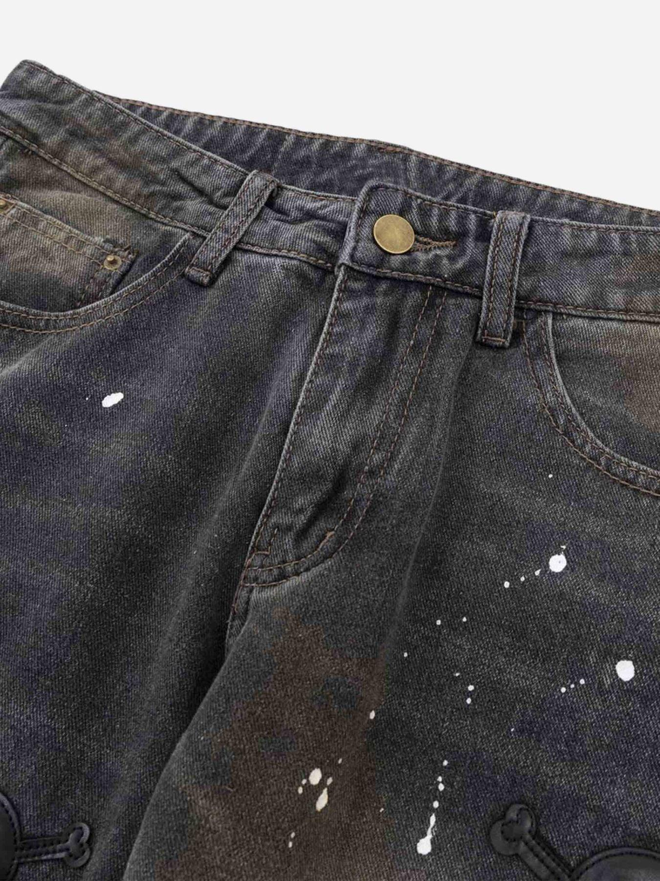 Tntwear® - Leather Skull Splash Ink Micro-flared Jeans - tntwear1