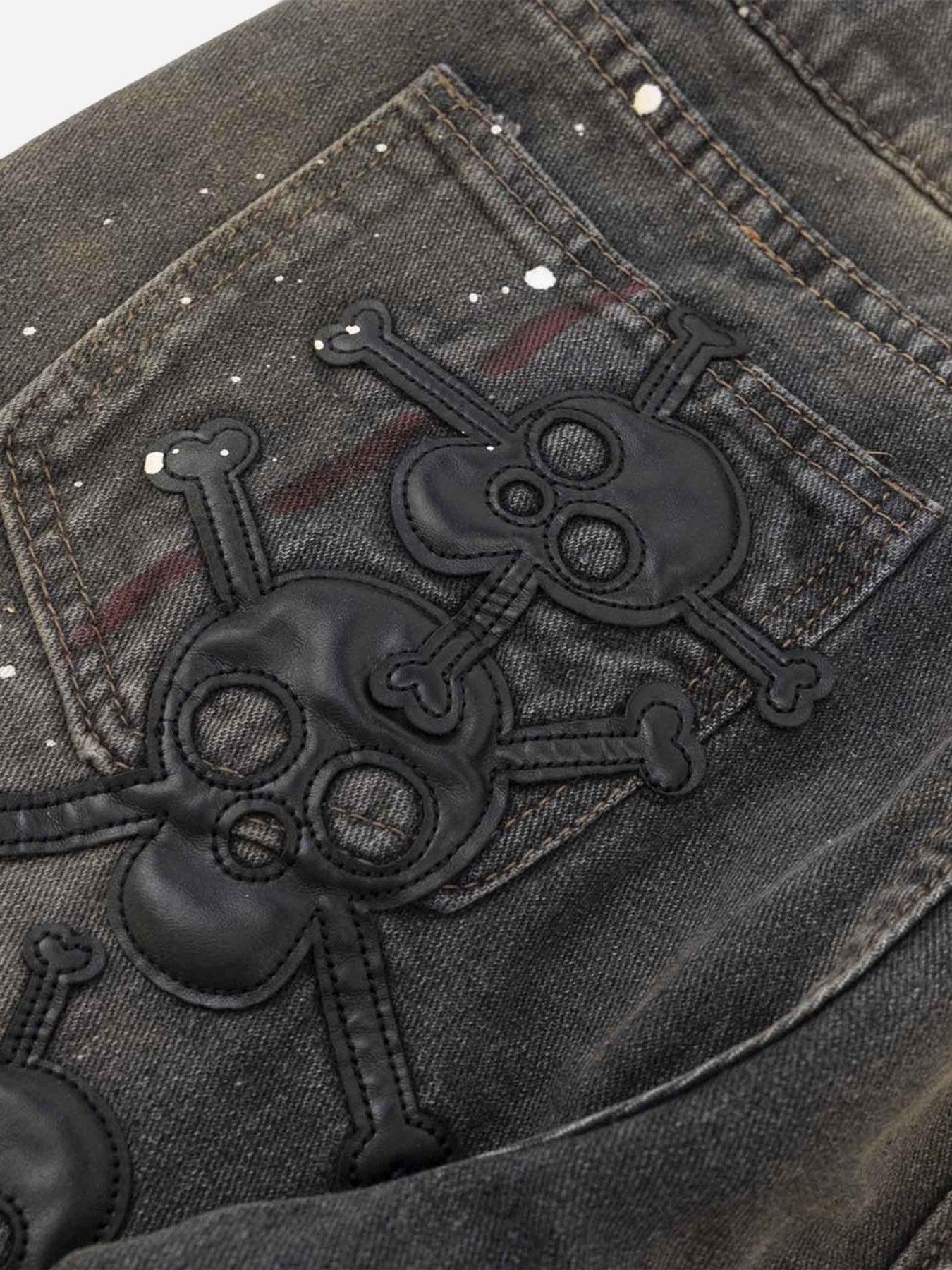 Tntwear® - Leather Skull Splash Ink Micro-flared Jeans - tntwear1