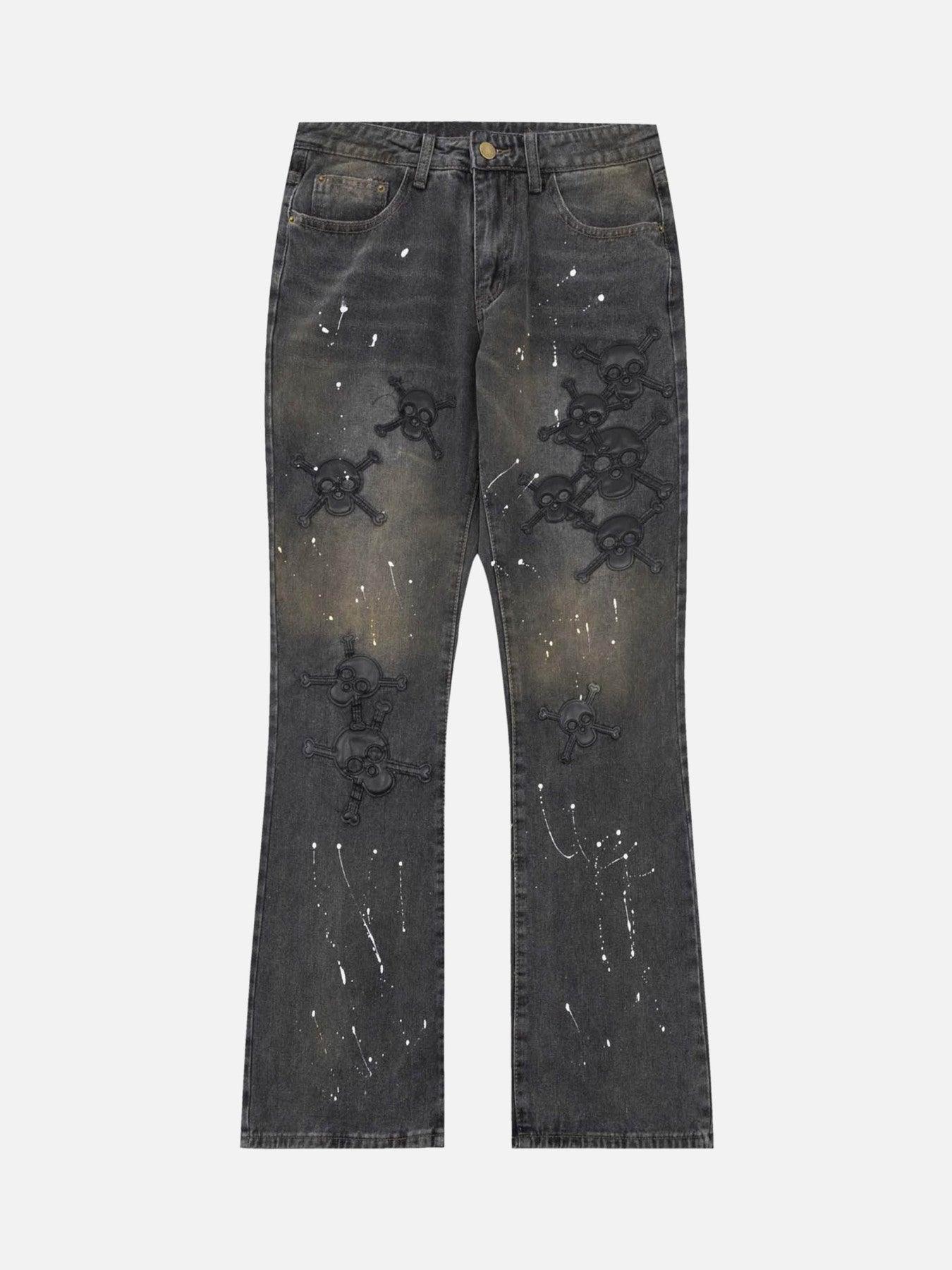 Tntwear® - Leather Skull Splash Ink Micro-flared Jeans - tntwear1