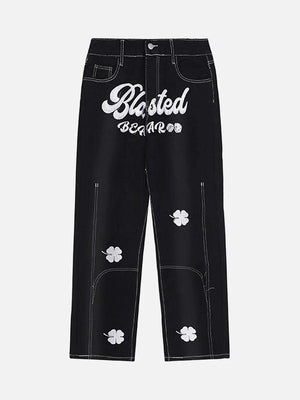 Tntwear® - Letter Lucky Clover Embroidered Baggy Jeans - 1162 - tntwear1