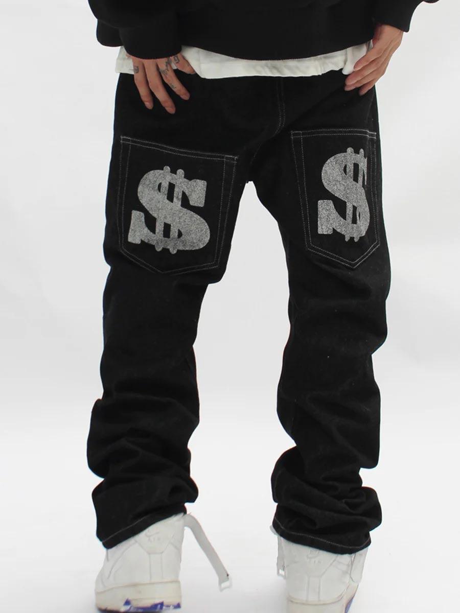 Tntwear® - Letter Print Dollar Black Baggy Jeans -1024 - tntwear1