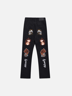 Tntwear® - Skull Flame Monogram Embroidered Slim Fit Jeans - tntwear1