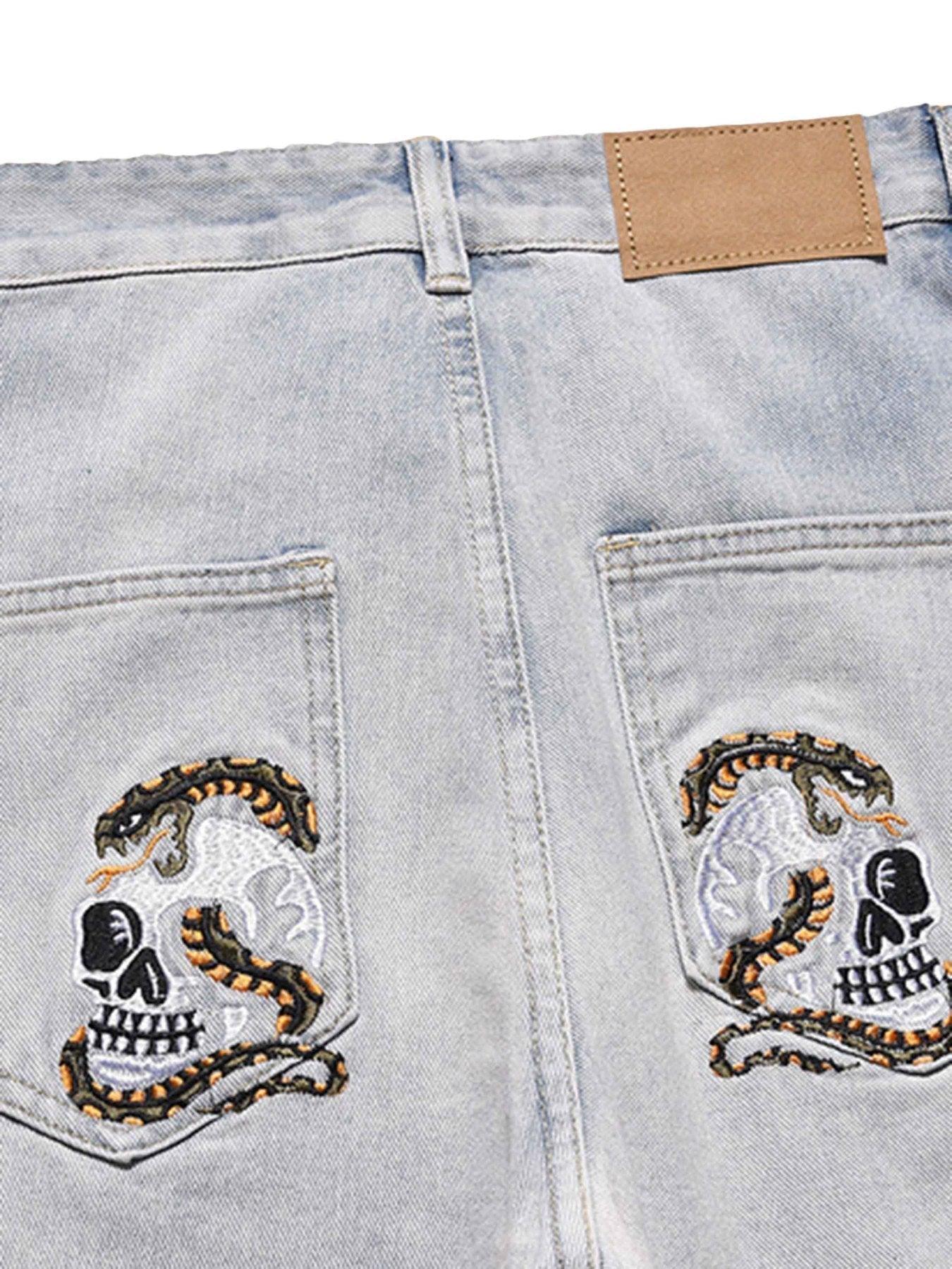 Tntwear® - Skull Flame Monogram Embroidered Slim Fit Jeans - tntwear1