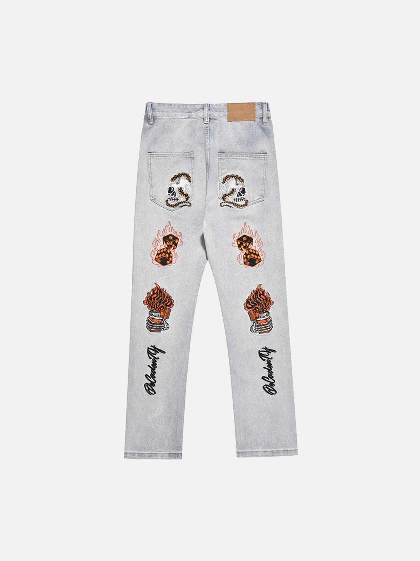 Tntwear® - Skull Flame Monogram Embroidered Slim Fit Jeans - tntwear1