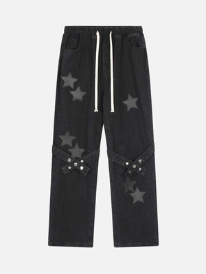 Tntwear® - Star Embroidered Flutter Belt Elastic Waist Jeans - tntwear1