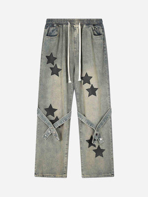 Tntwear® - Star Embroidered Flutter Belt Elastic Waist Jeans - tntwear1