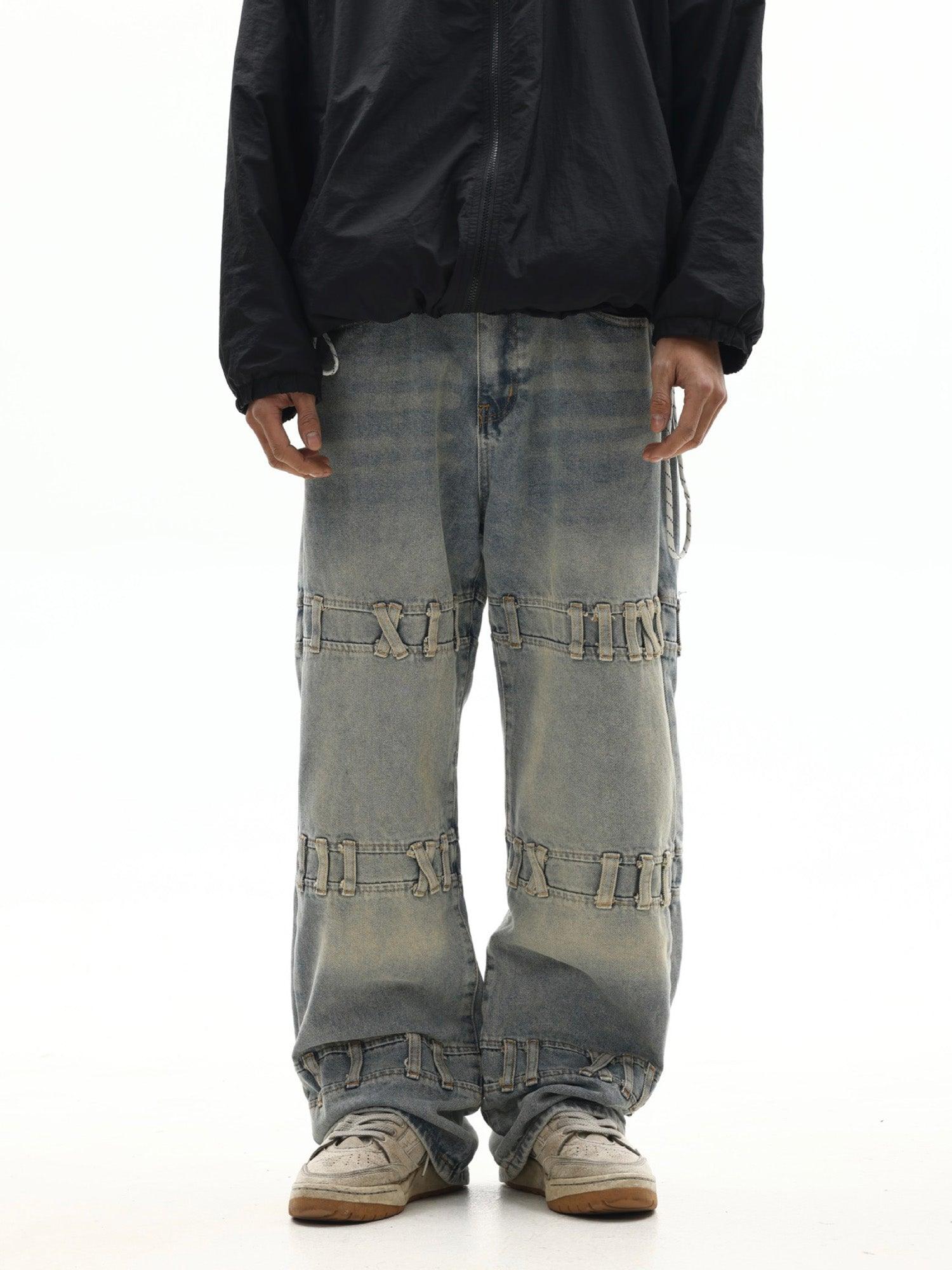 Tntwear® - Street Fashion Creative Trouser Loop Design Washed Jeans - tntwear1