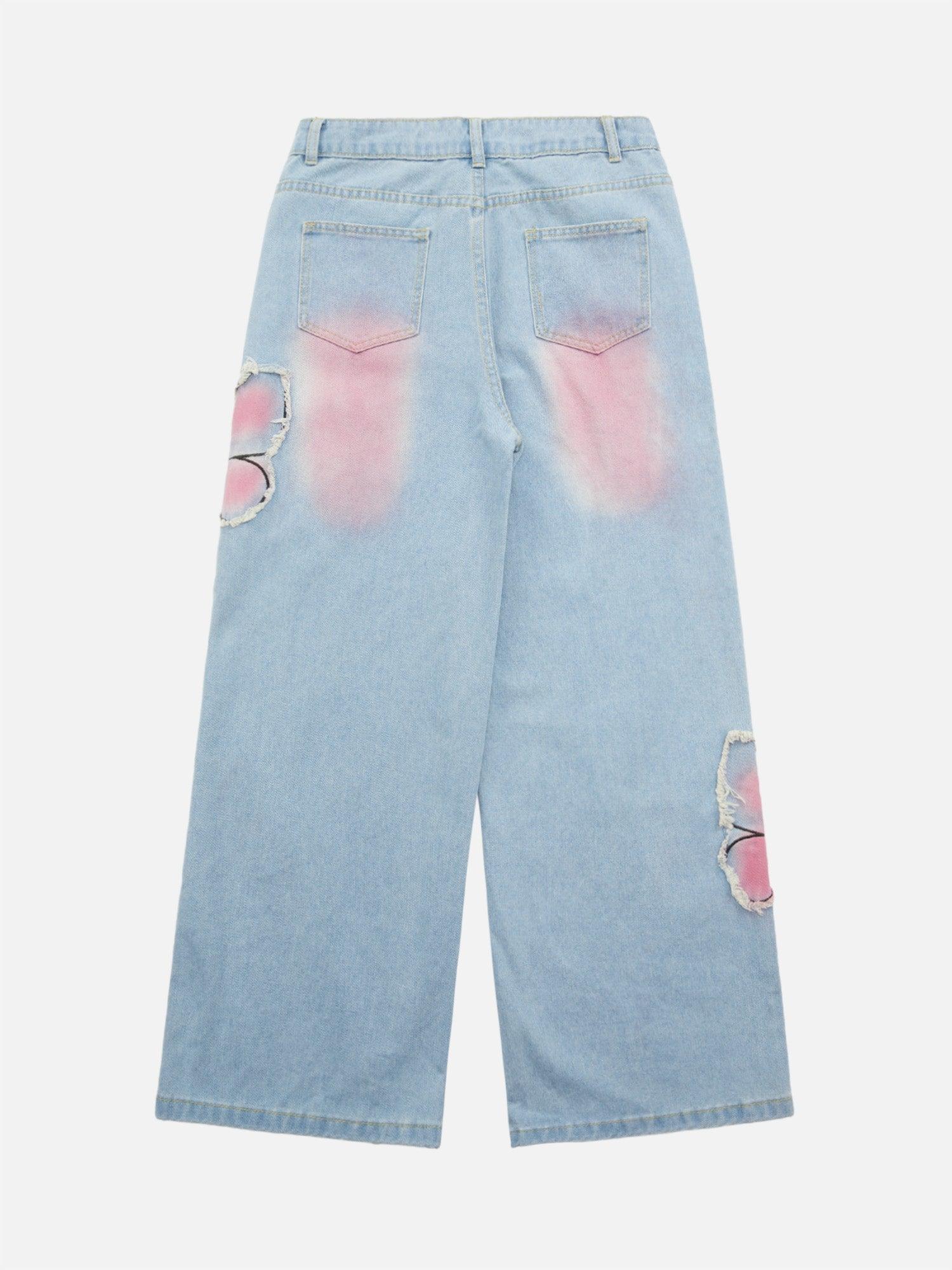 Tntwear® - Tie-dye Butterfly Embroidered Raw Edge Jeans - tntwear1