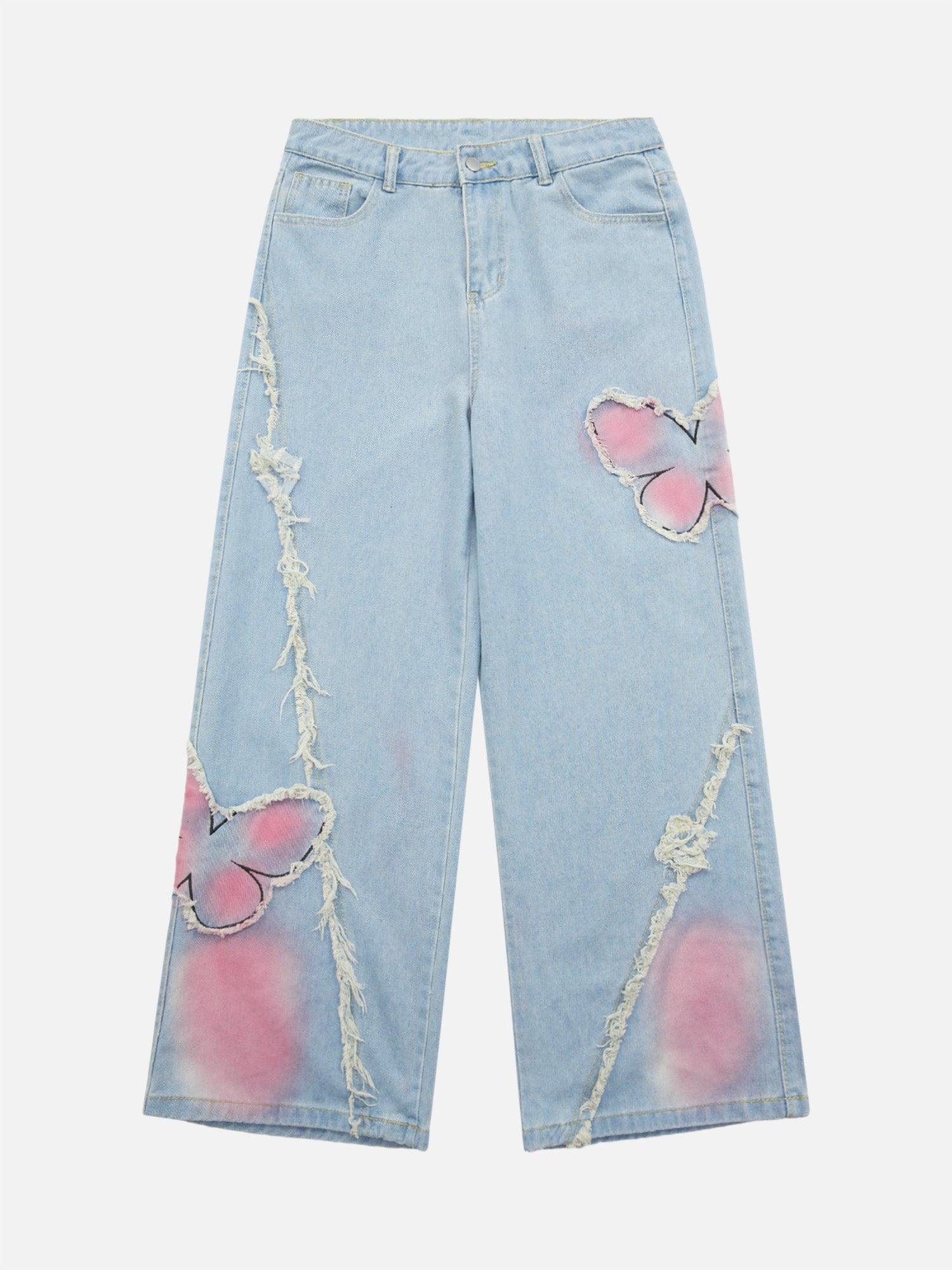 Tntwear® - Tie-dye Butterfly Embroidered Raw Edge Jeans - tntwear1