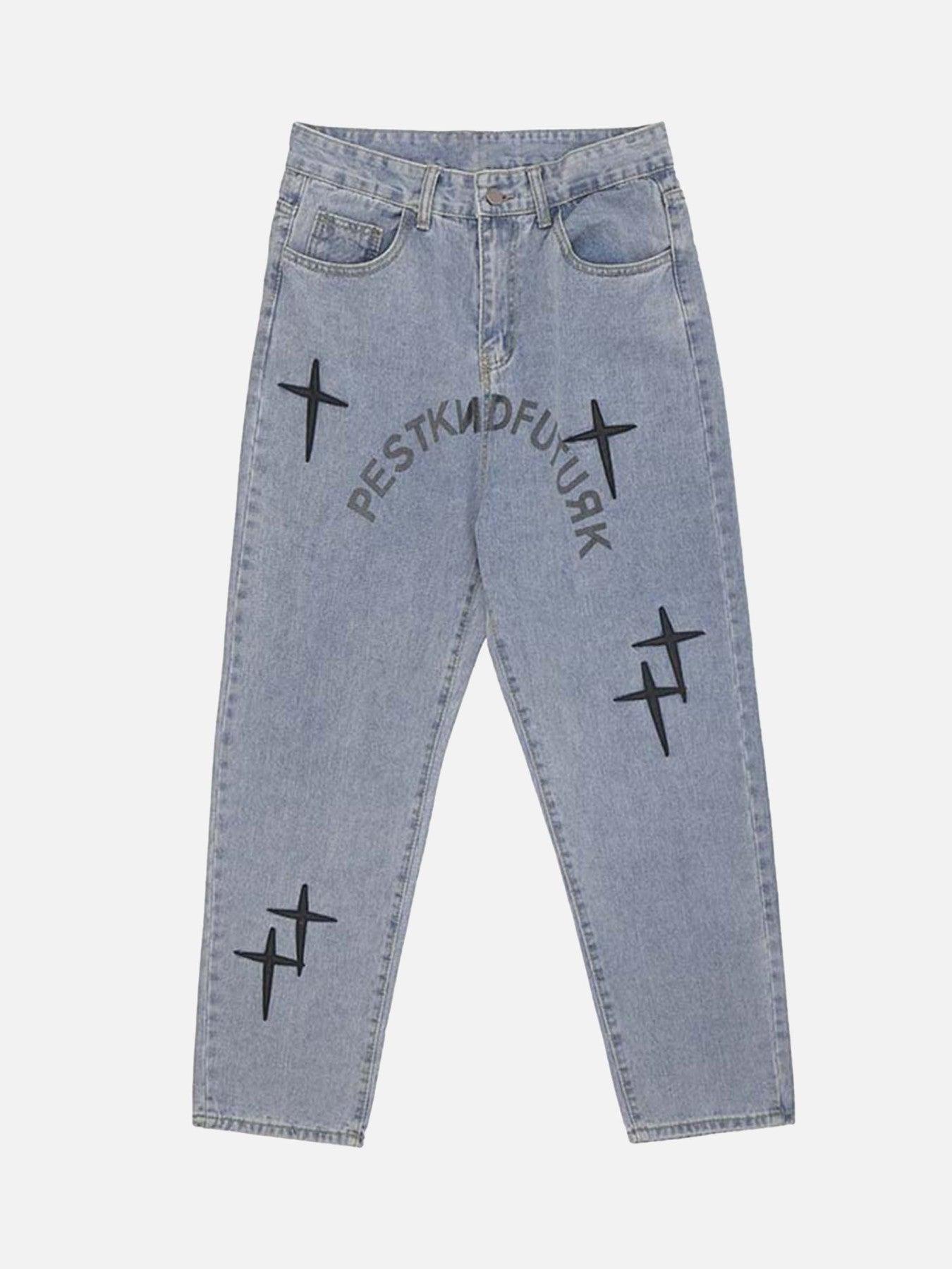 Tntwear® - Vintage Letter Print Washed Jeans - tntwear1