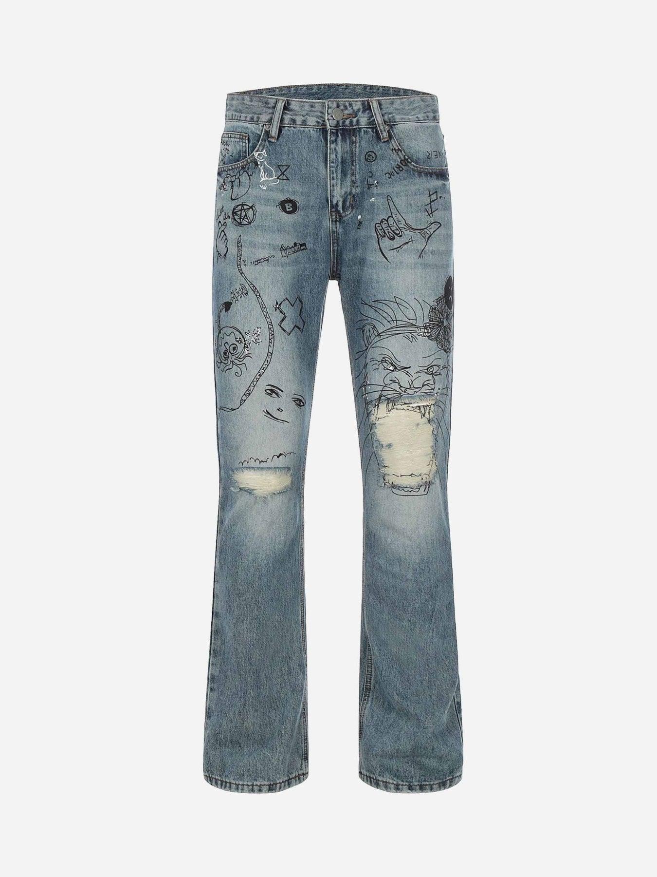 Tntwear® - Washed Graffiti Ripped Jeans - tntwear1