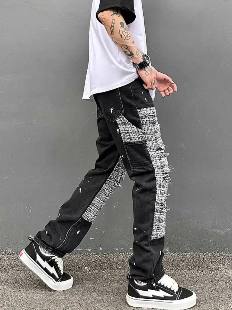 1984 Black White Checkered Denim Splice Patchworks Ripped Jeans - tntwear1