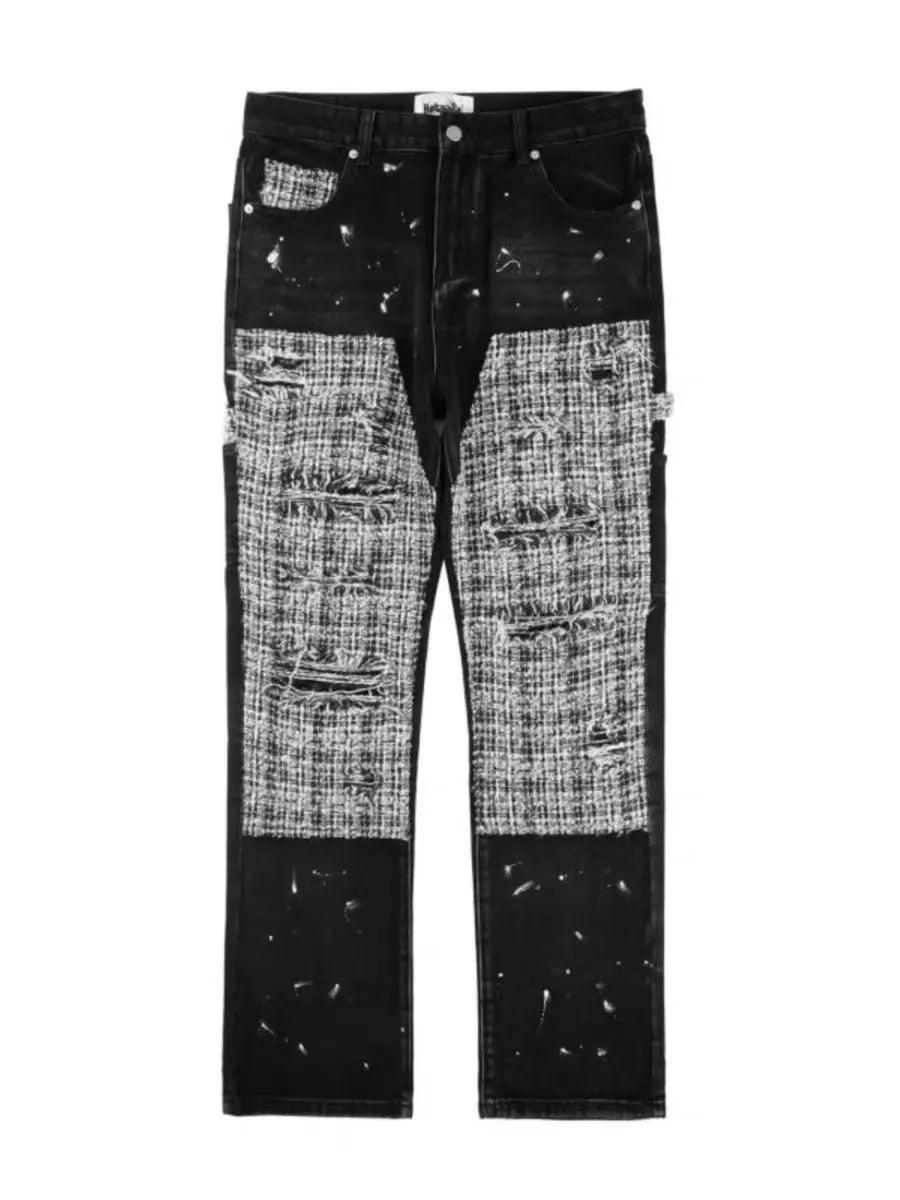 1984 Black White Checkered Denim Splice Patchworks Ripped Jeans - tntwear1