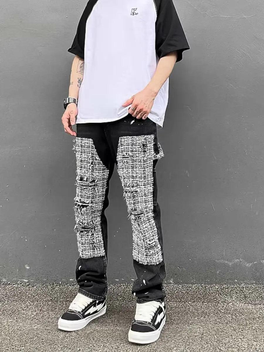 1984 Black White Checkered Denim Splice Patchworks Ripped Jeans - tntwear1