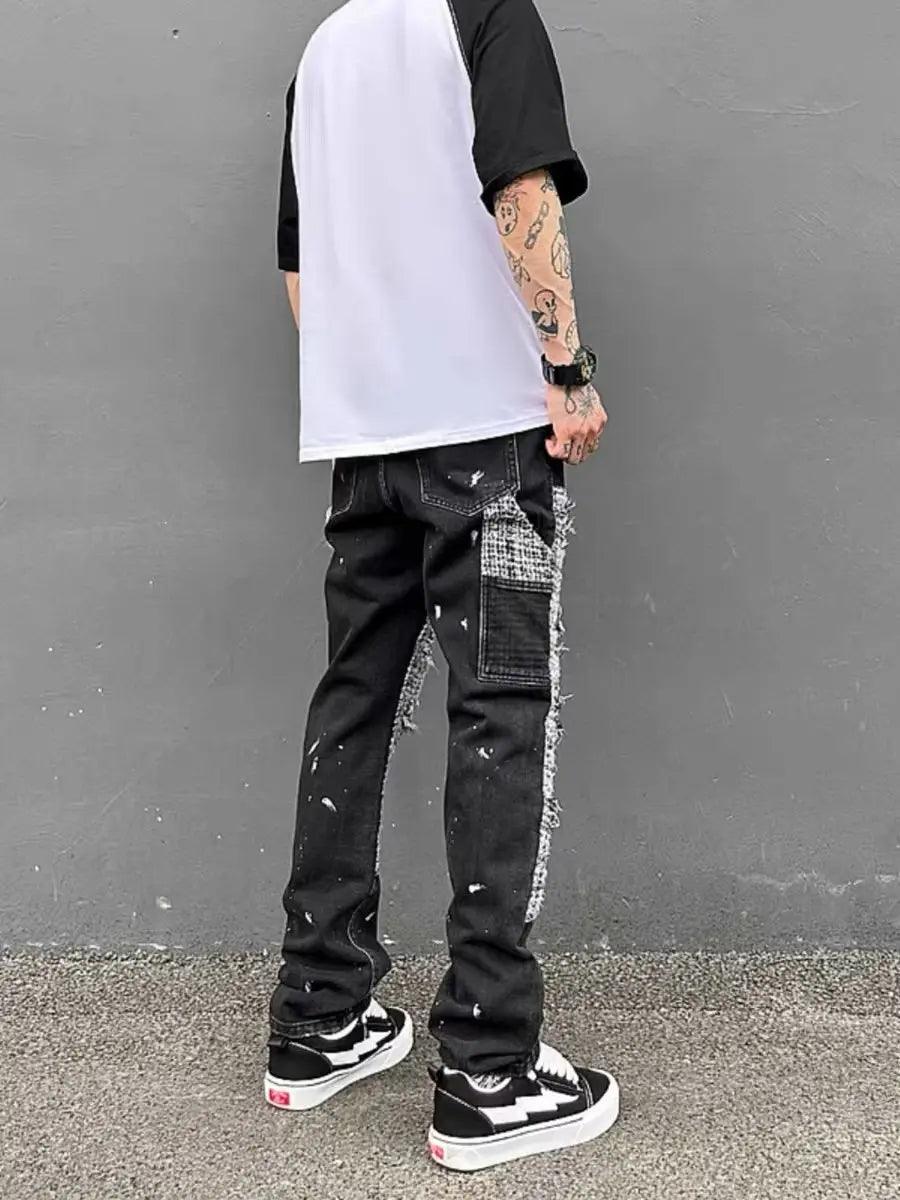 1984 Black White Checkered Denim Splice Patchworks Ripped Jeans - tntwear1