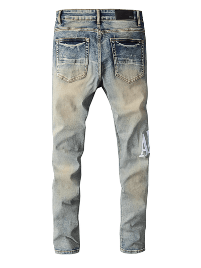 Washed Blue Ripped Writing Jeans