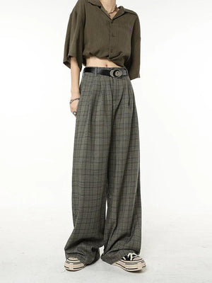 Vintage Plaid Wide-Leg Pants - tntwear1