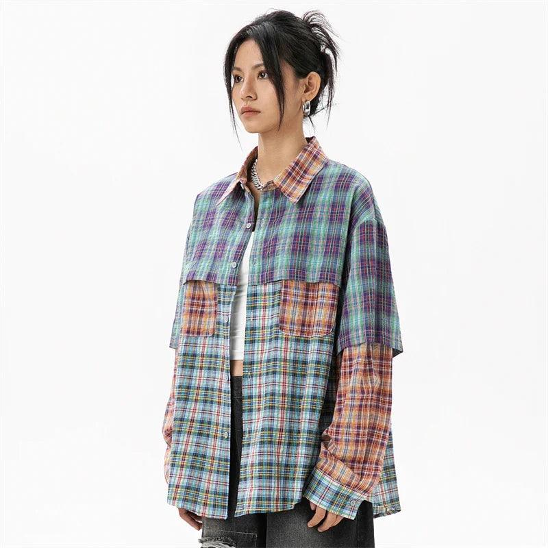 Women's Patchwork Plaid Shirt - tntwear1