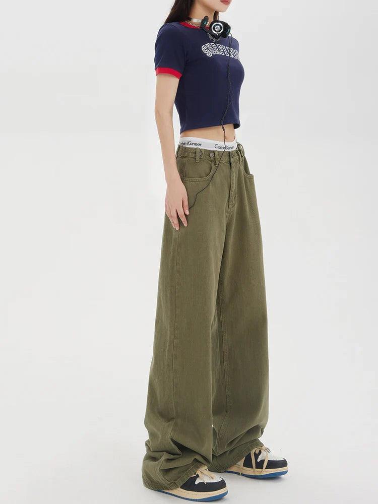 Baggy Olive Green Wide-Leg Jeans - tntwear1