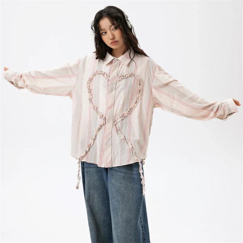 Heart Embroidery Long Sleeve Shirt - tntwear1