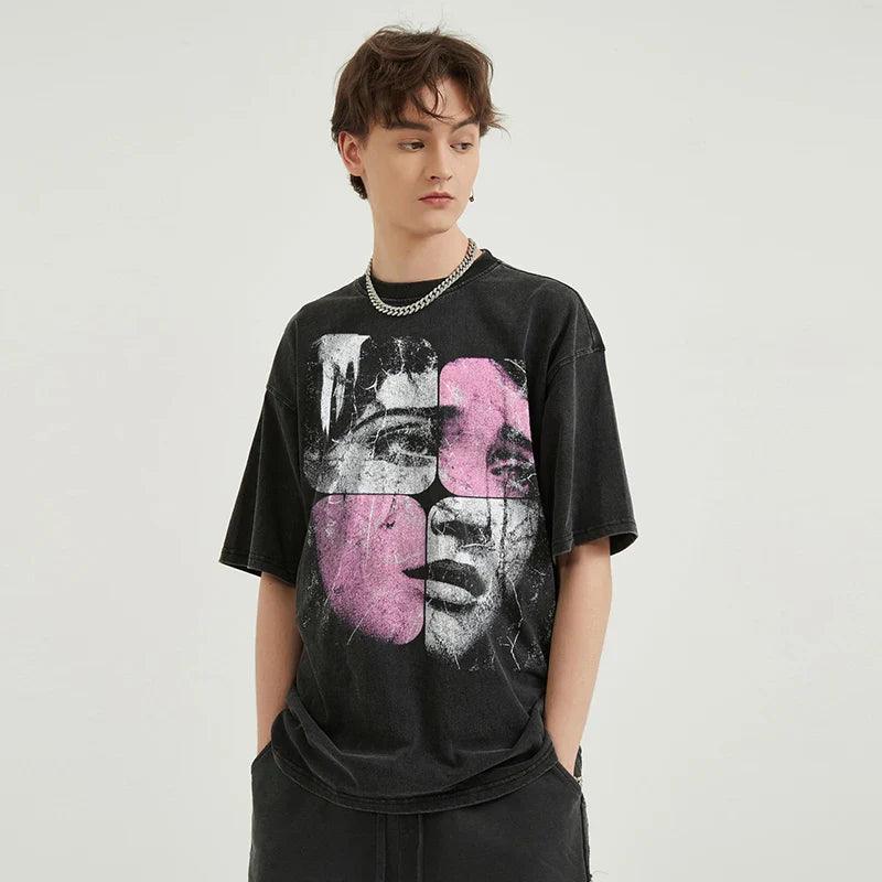 Washed Puzzle Face Printed T-shirt - tntwear1