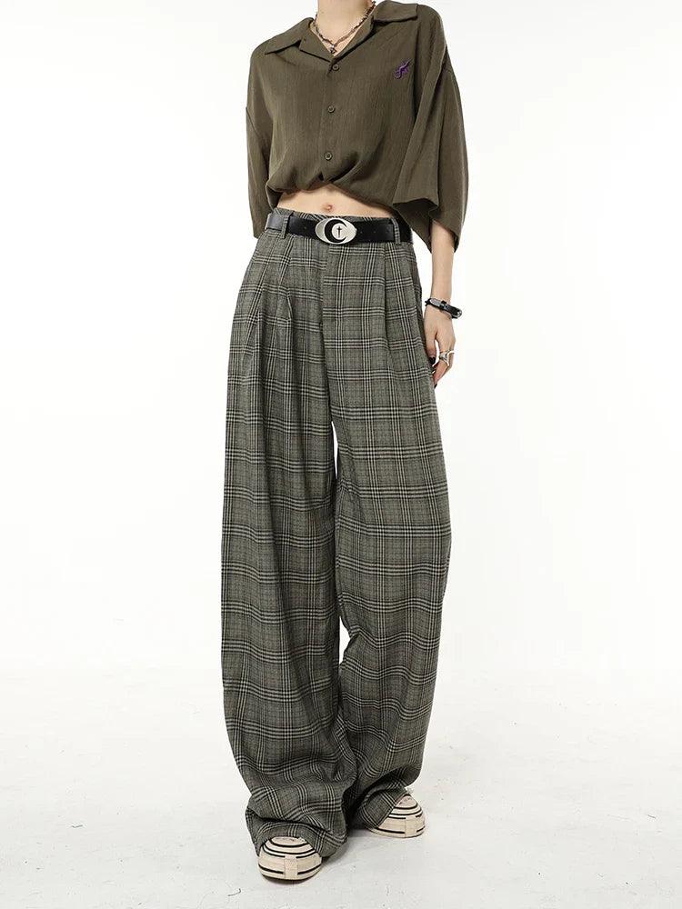 Vintage Plaid Wide-Leg Pants - tntwear1