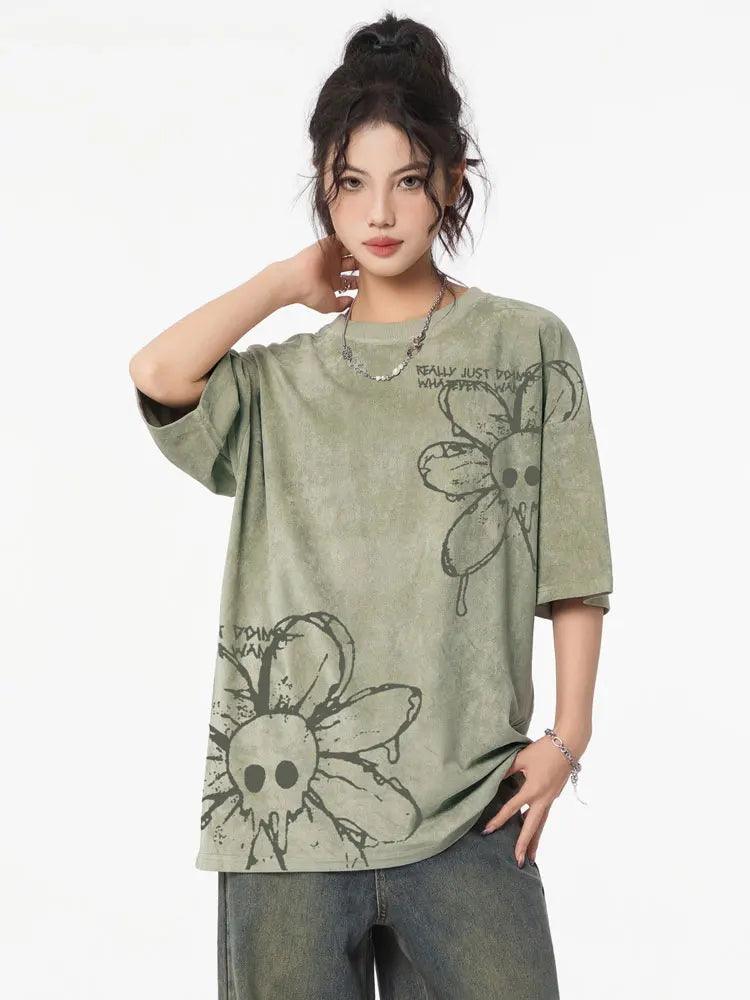 Washed Flower Floral Skull Graphic T-Shirt - tntwear1