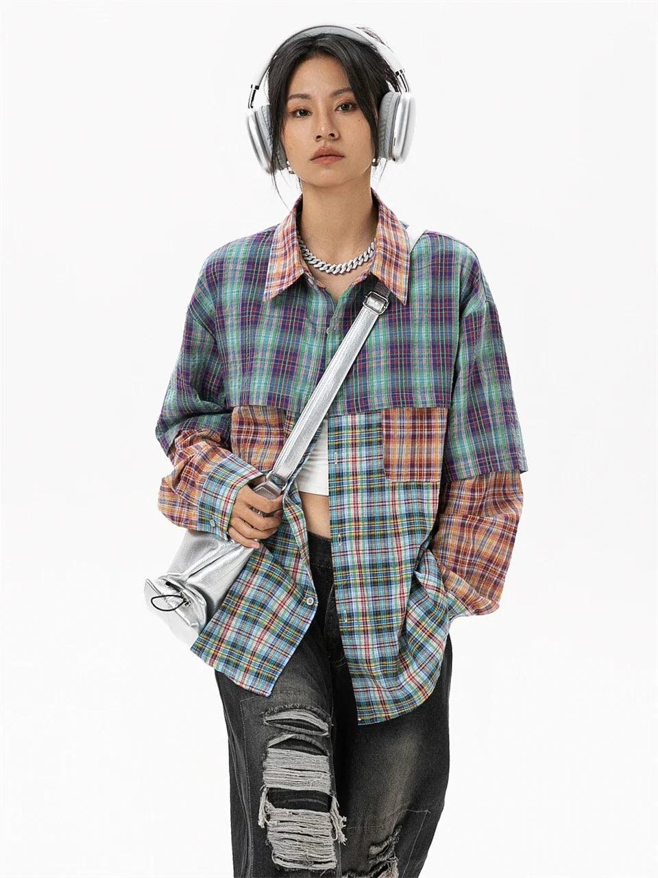 Women's Patchwork Plaid Shirt - tntwear1