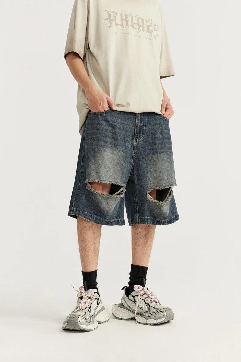 Vintage Ripped Holes Denim Jorts - tntwear1