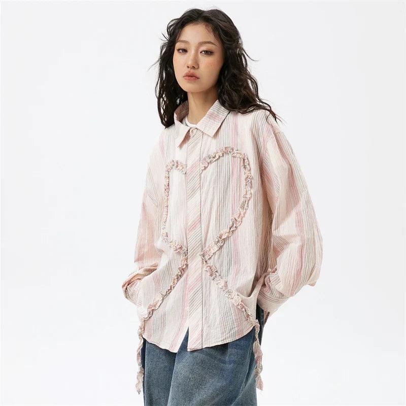 Heart Embroidery Long Sleeve Shirt - tntwear1