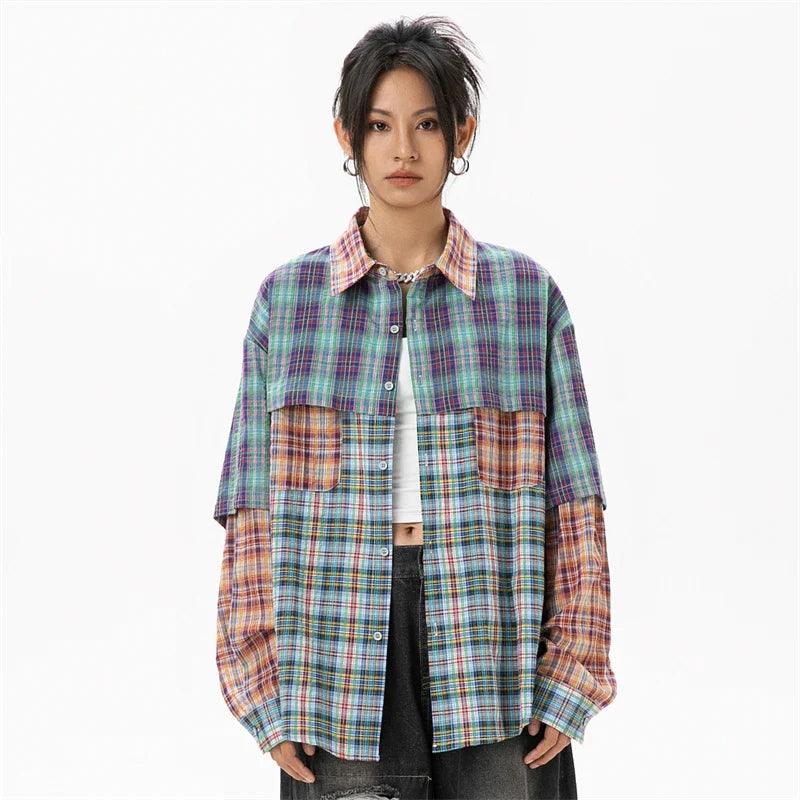 Women's Patchwork Plaid Shirt - tntwear1