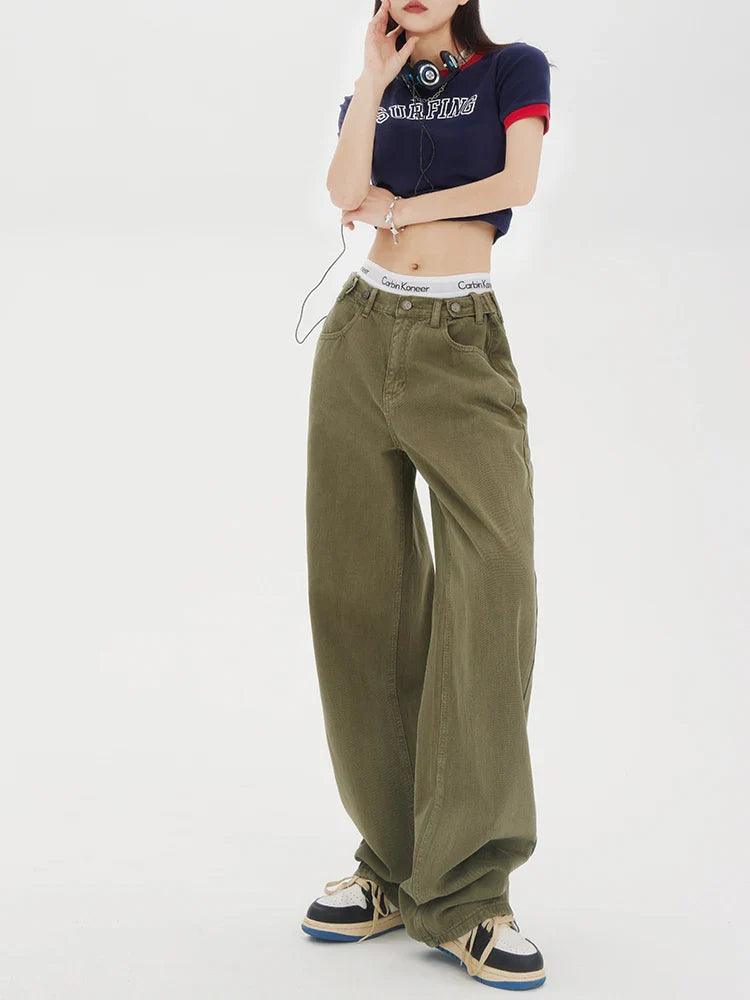 Baggy Olive Green Wide-Leg Jeans - tntwear1