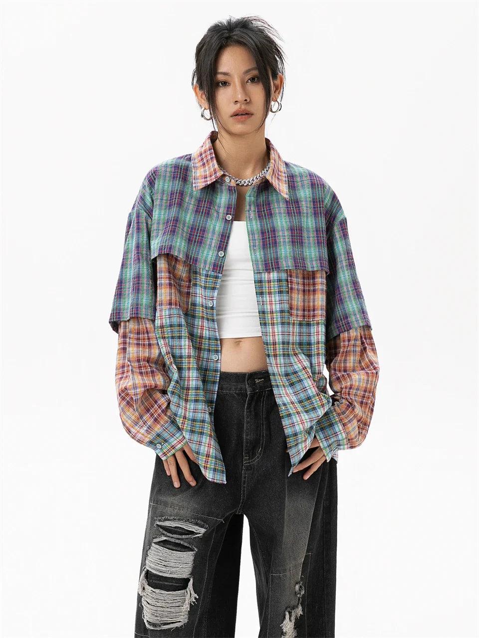 Women's Patchwork Plaid Shirt - tntwear1