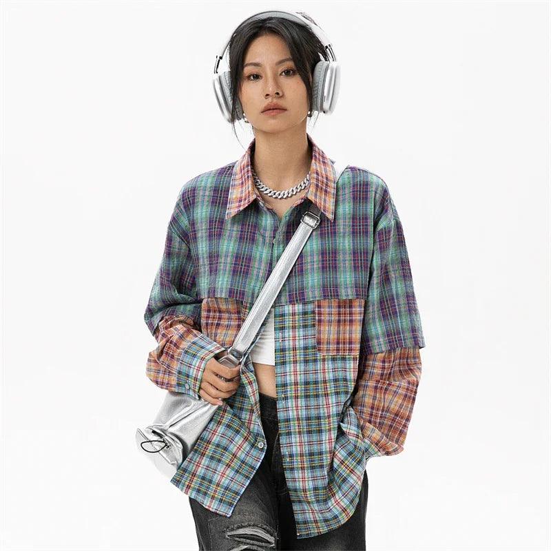 Women's Patchwork Plaid Shirt - tntwear1