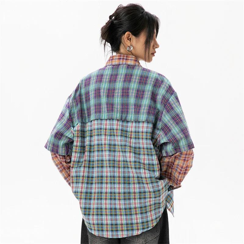 Women's Patchwork Plaid Shirt - tntwear1