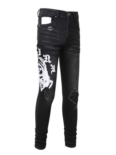 Black Graphic Ripped Jeans