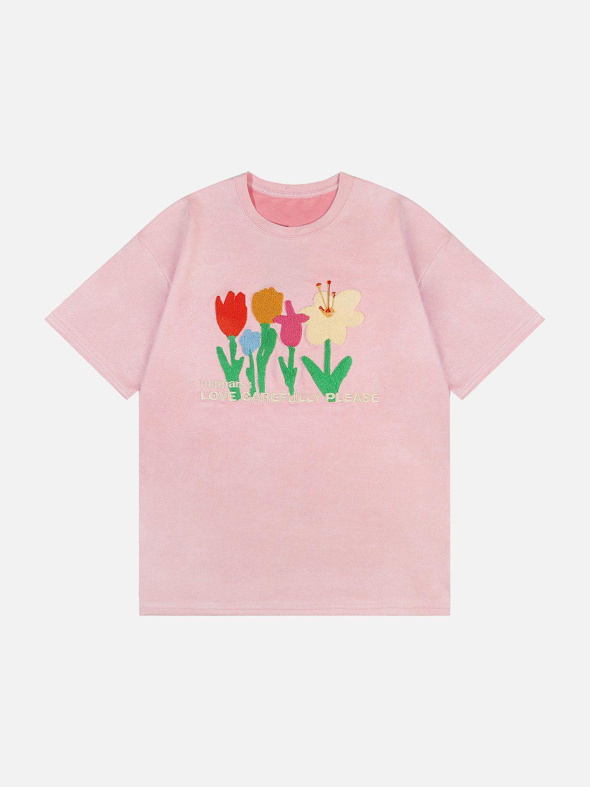 Sneakerland™ - Floral Flock Embroidered Suede Tee - tntwear1