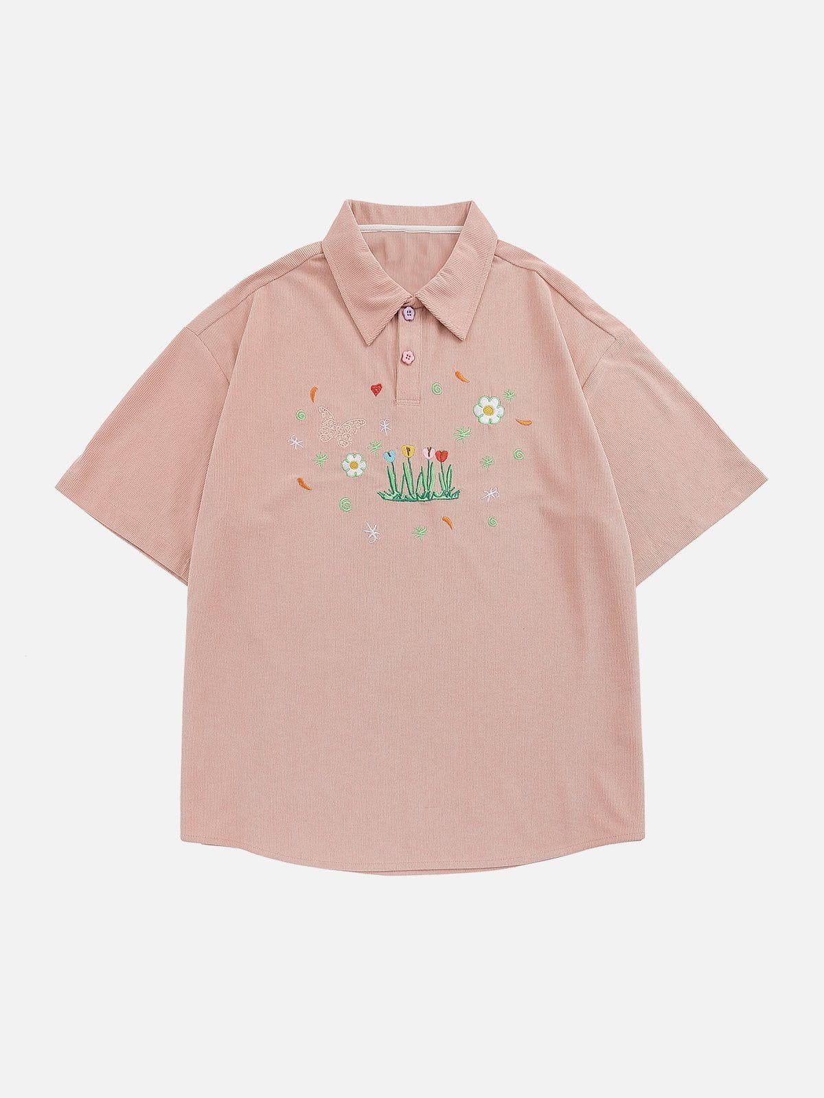 Sneakerland™ - Flower Butterfly Embroidery Polo Tee - tntwear1