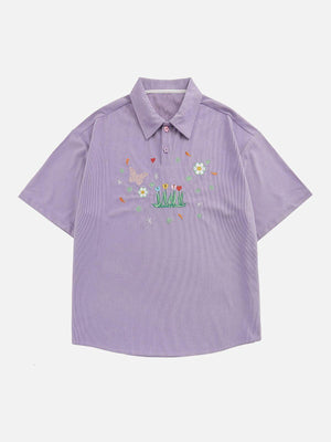 Sneakerland™ - Flower Butterfly Embroidery Polo Tee - tntwear1