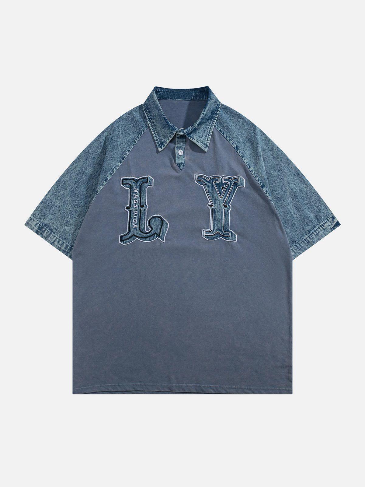 Sneakerland™ - LY Letter Patchwork Polo Collar Tee - tntwear1