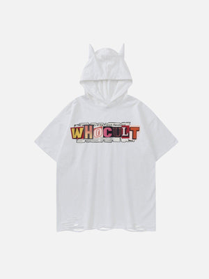 Sneakerland™ - Letter Print Ripped Hooded Tee - tntwear1