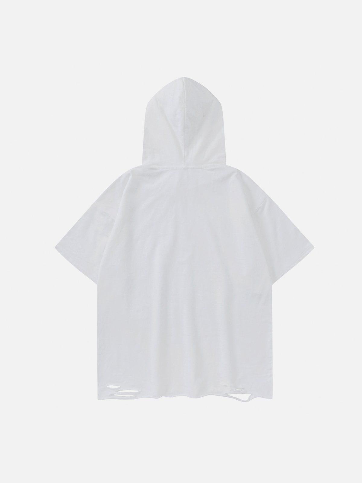 Sneakerland™ - Letter Print Ripped Hooded Tee - tntwear1