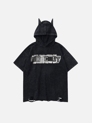 Sneakerland™ - Letter Print Ripped Hooded Tee - tntwear1