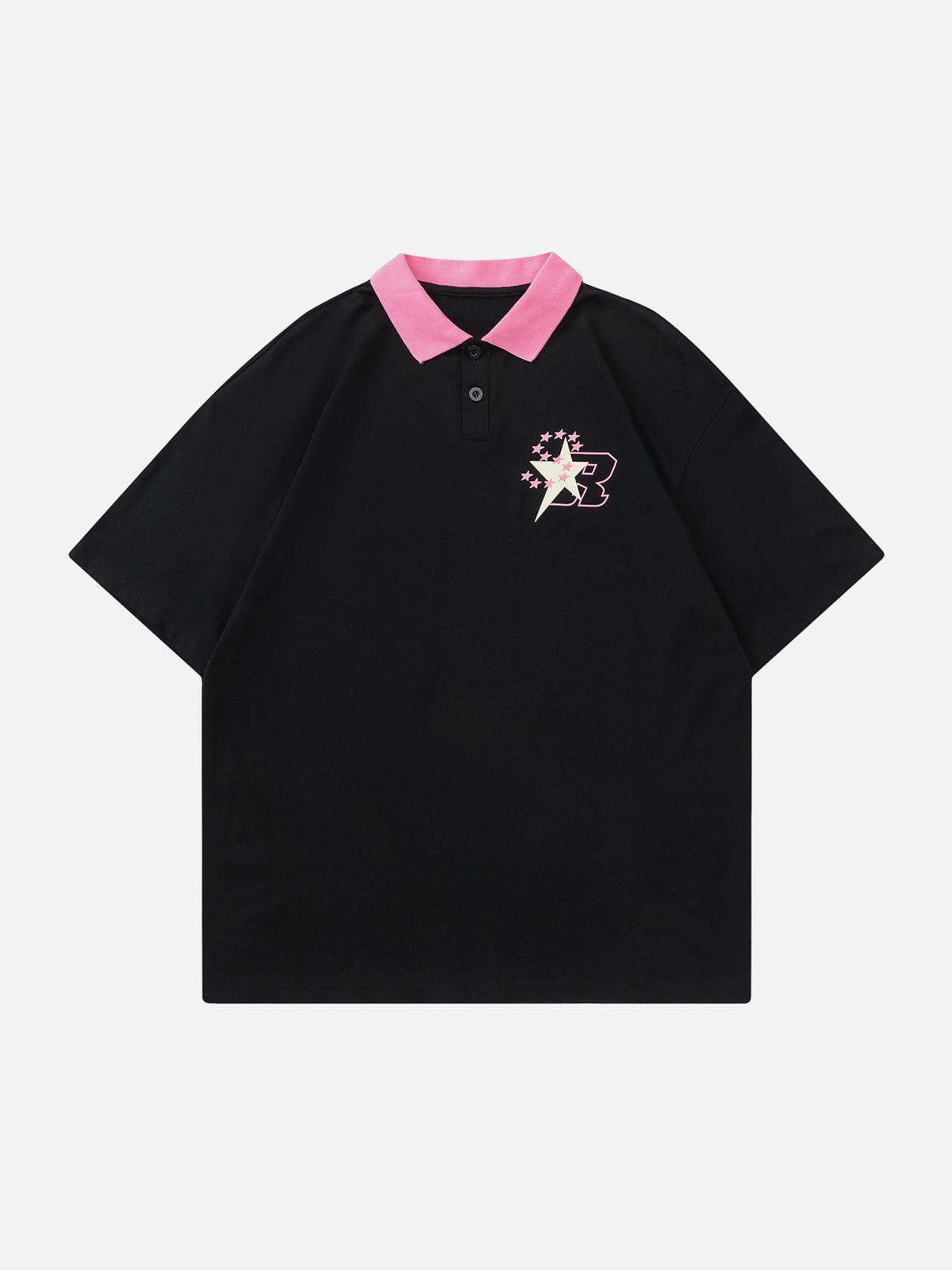 Sneakerland™ - Star Letter Print Polo Collar Tee - tntwear1