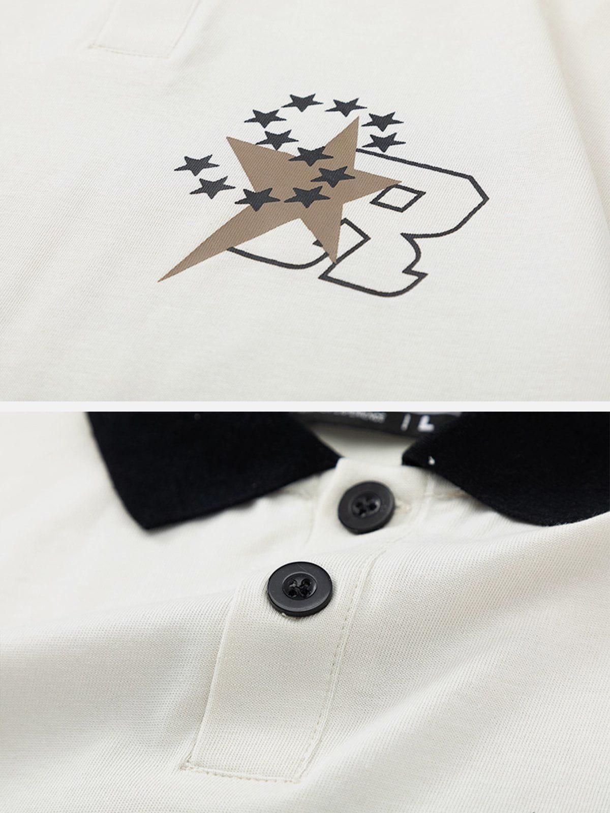 Sneakerland™ - Star Letter Print Polo Collar Tee - tntwear1