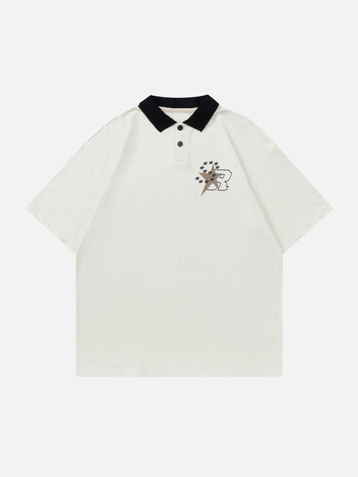 Sneakerland™ - Star Letter Print Polo Collar Tee - tntwear1