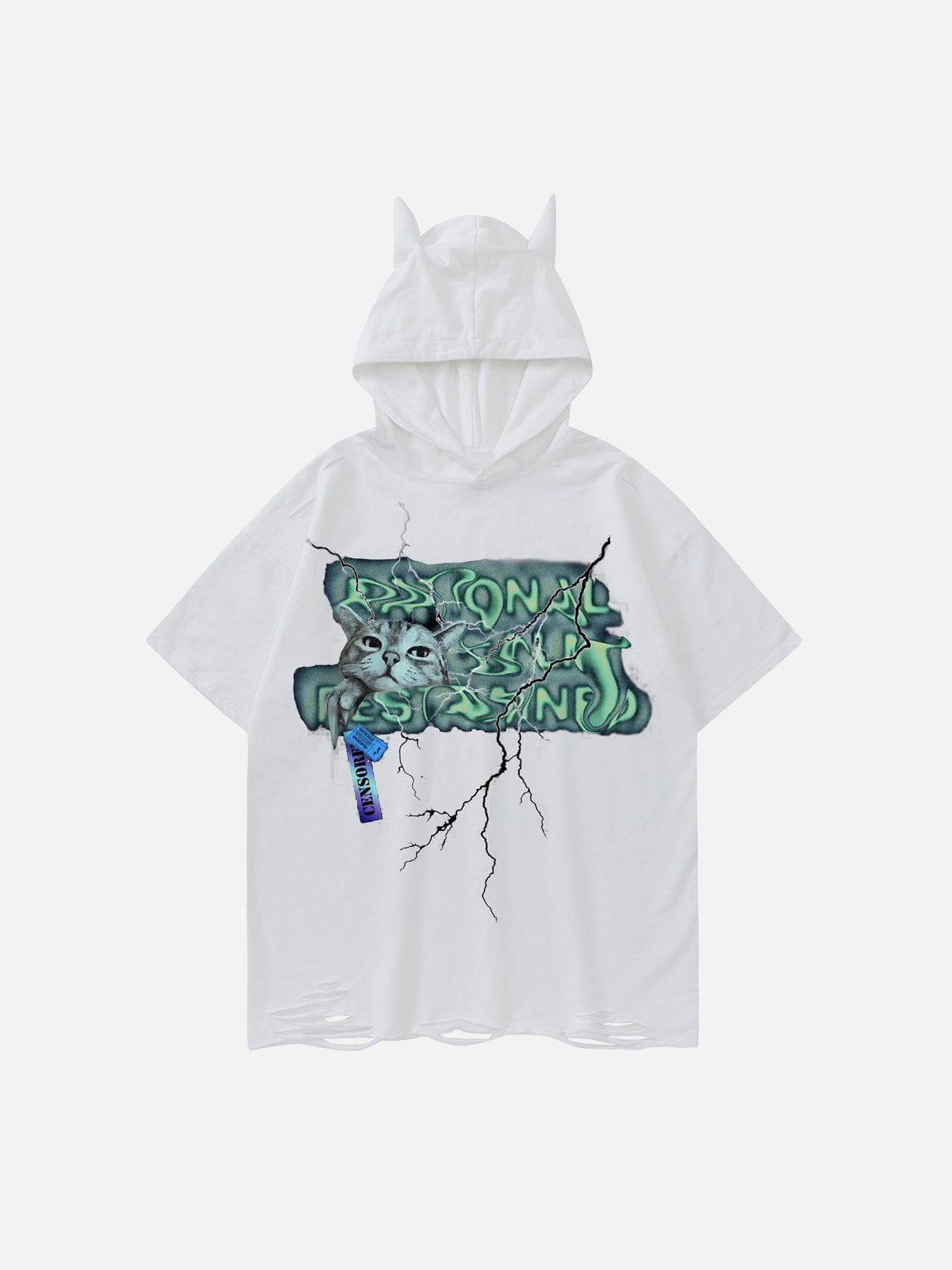 Sneakerland™ - Twisted Alphabet Cat Print Hooded Tee - tntwear1