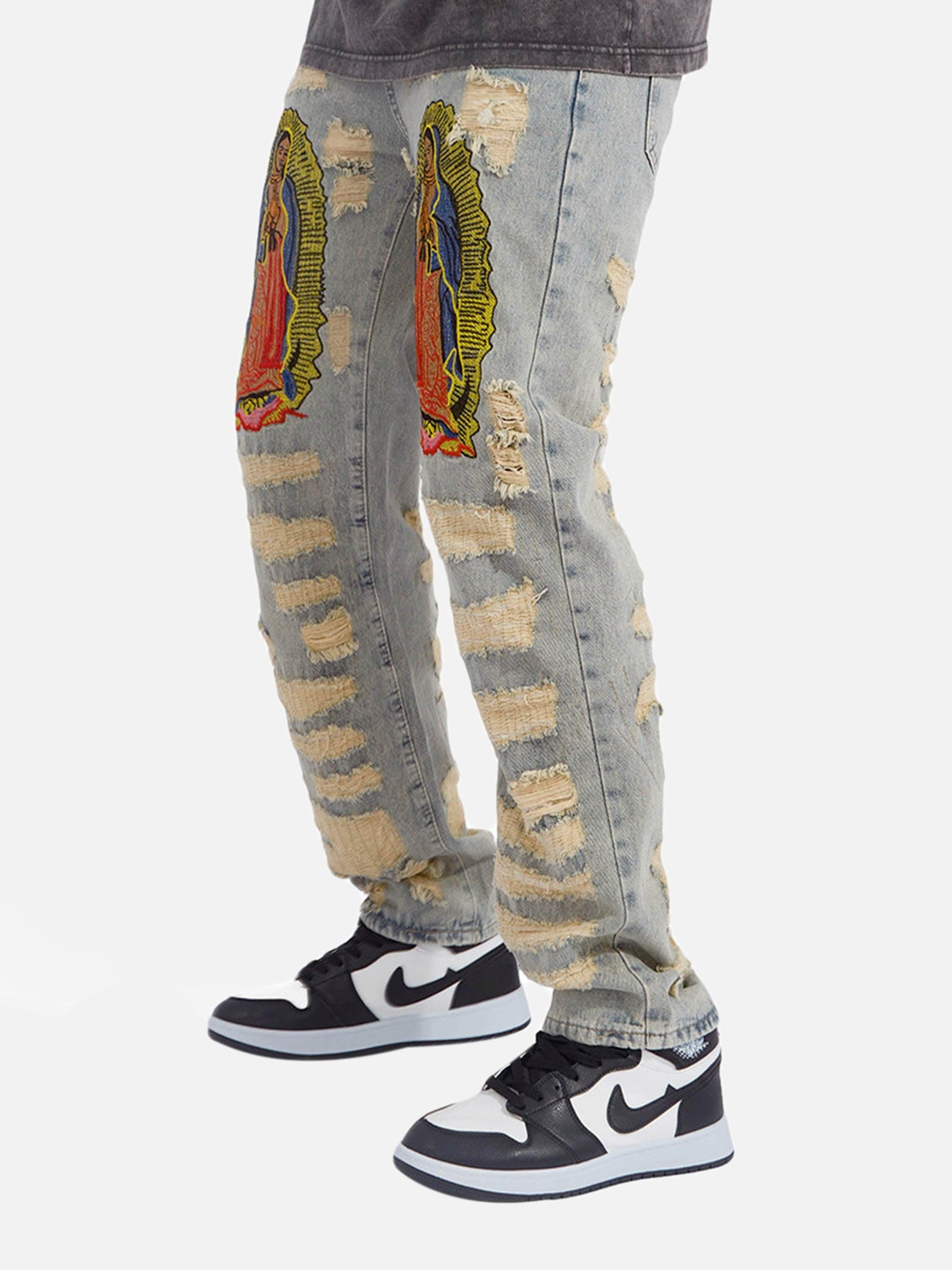 1984 American Street Style Ripped Embroidered Jeans - 1617 - tntwear1